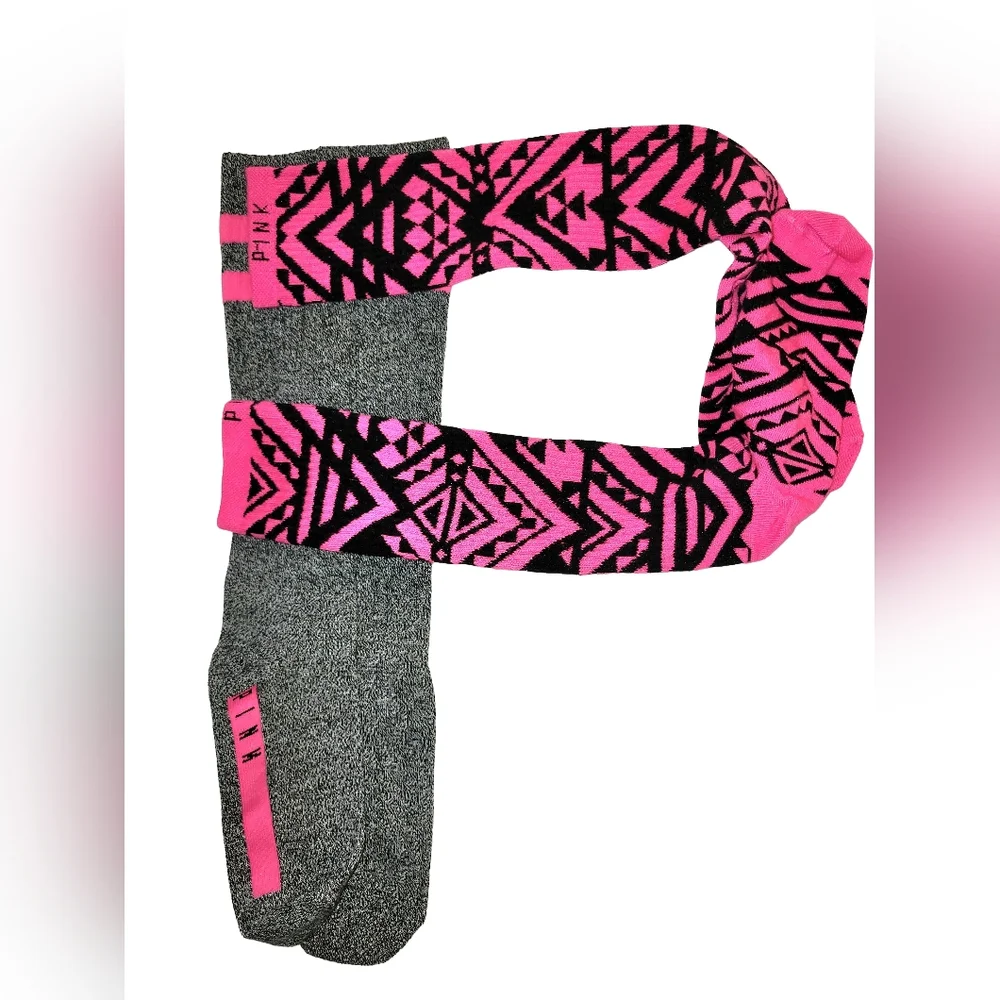 VS Pink 2 Pair Knee High Socks Bundle - Gray/Pink & Black/Pink Tribal Print